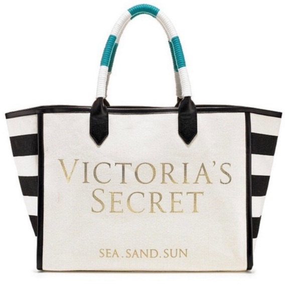VICTORIA SECERT STRIPED “SEA, SAND, SUN” TOTE BAG - WHITE/BLACK (NEW WITH TAGS) - Picture 2 of 4